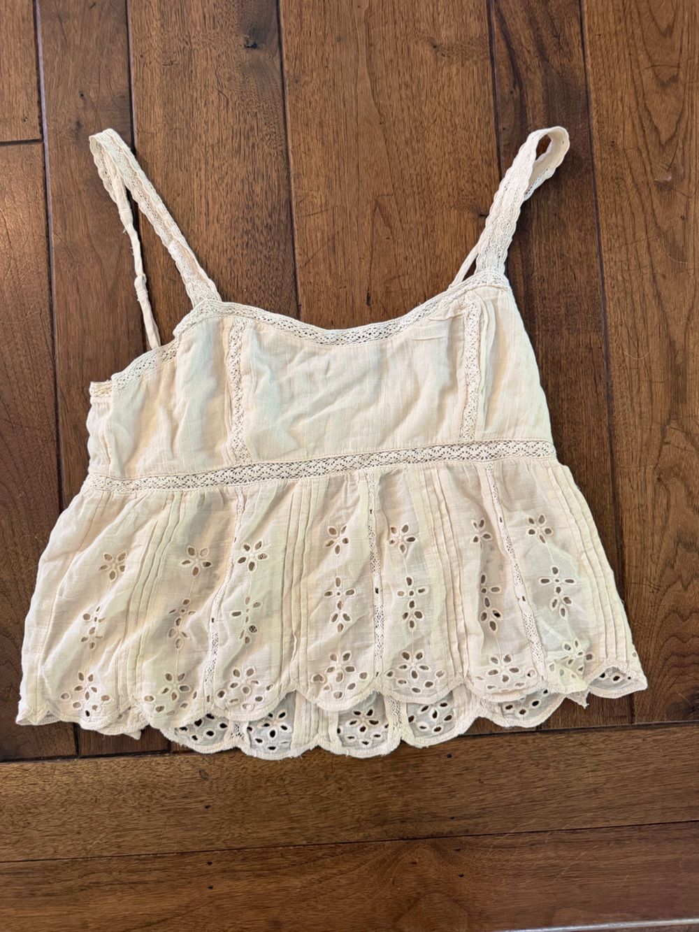 American Eagle Outfitters Cream Eyelet Lace-Trim Peplum Camisole